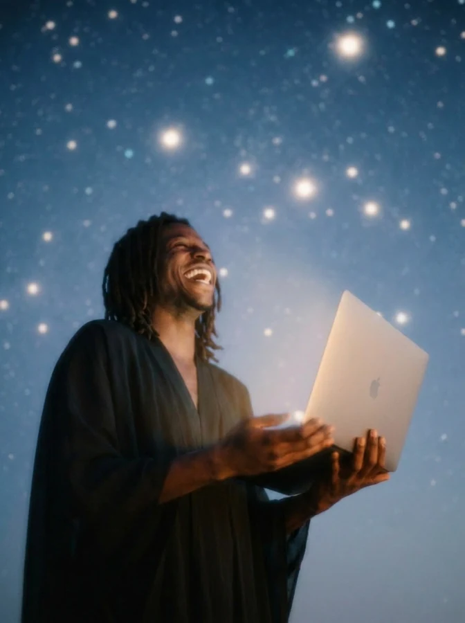Moonshot brand image of a person smiling with a laptop against a blue backdrop
