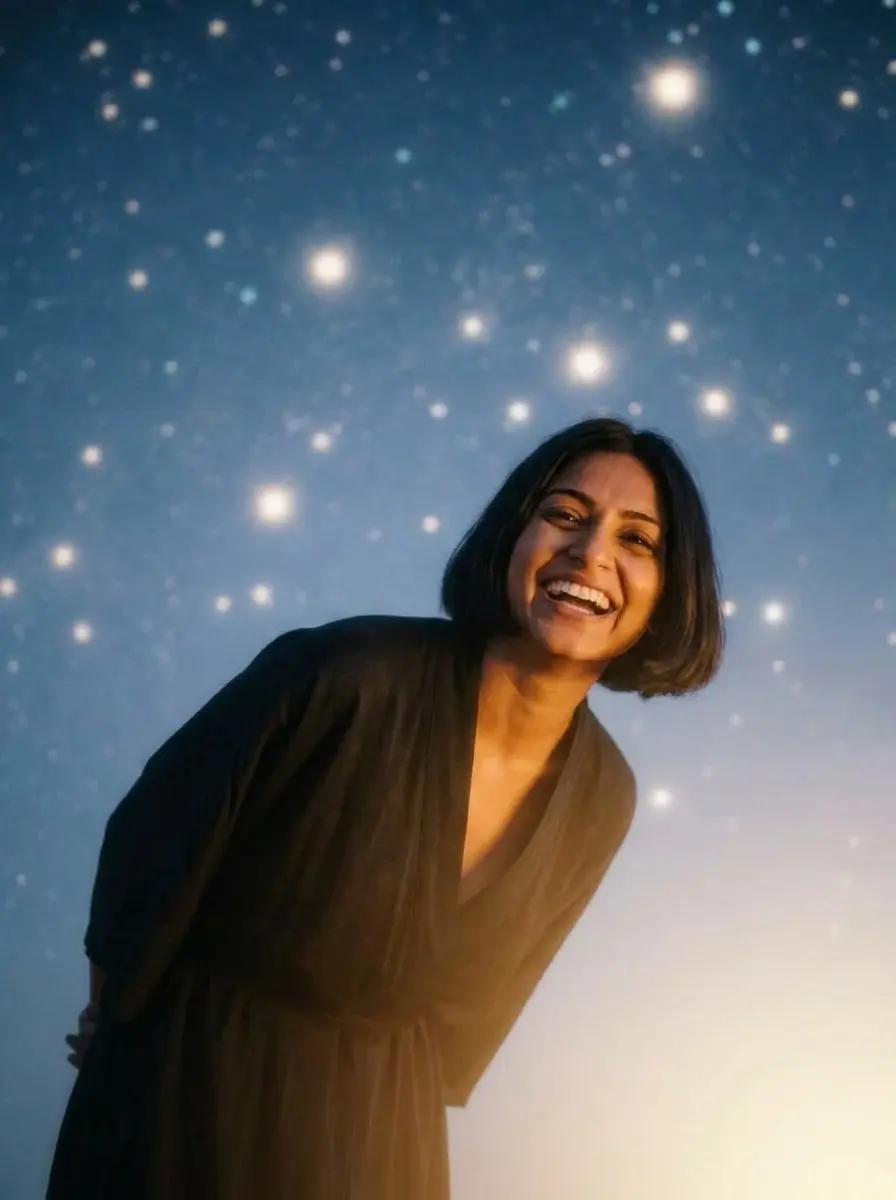 A smiling woman leaning towards the camera against a starry blue background