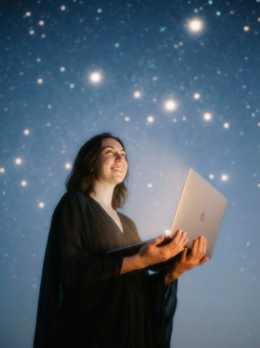 A woman smiling and looking up while holding a laptop against a blue backdrop